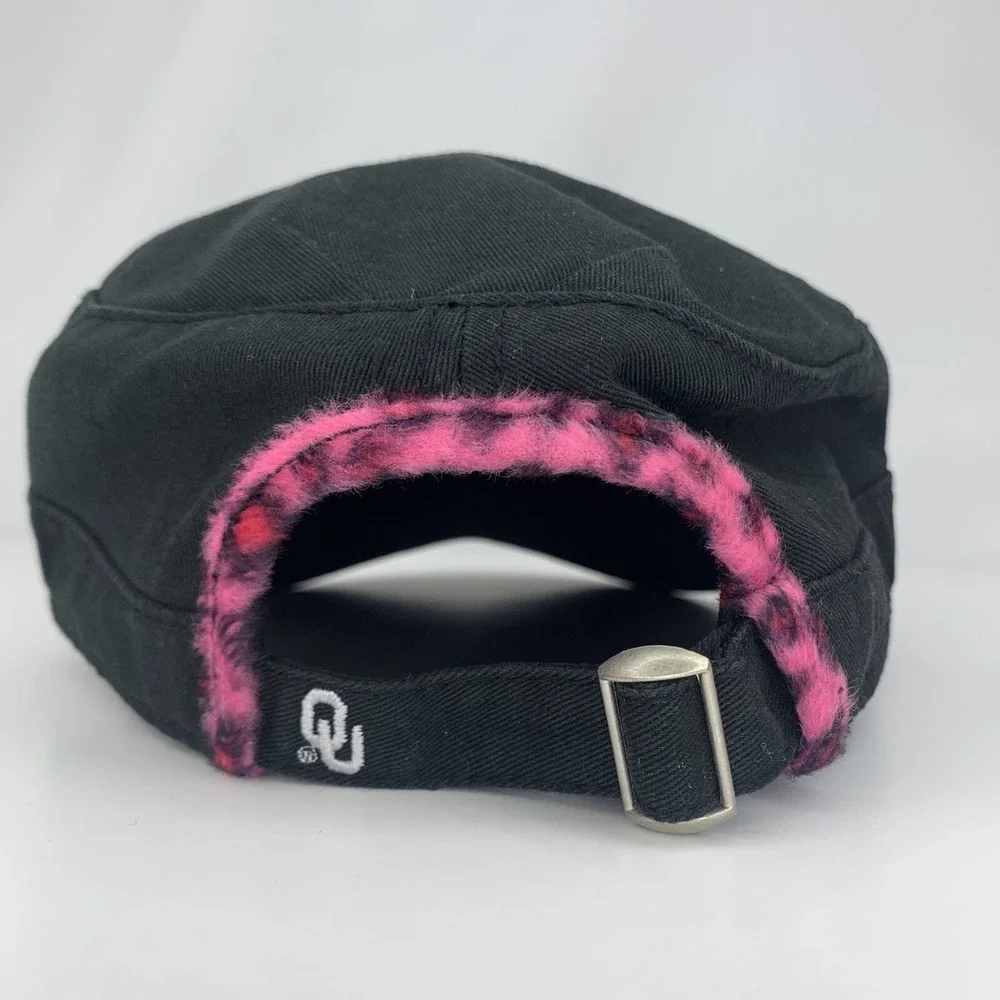 OU Oklahoma Sooners Hat Womens Cadet Cap Black Pink Cheetah Trim & Fake Crystals